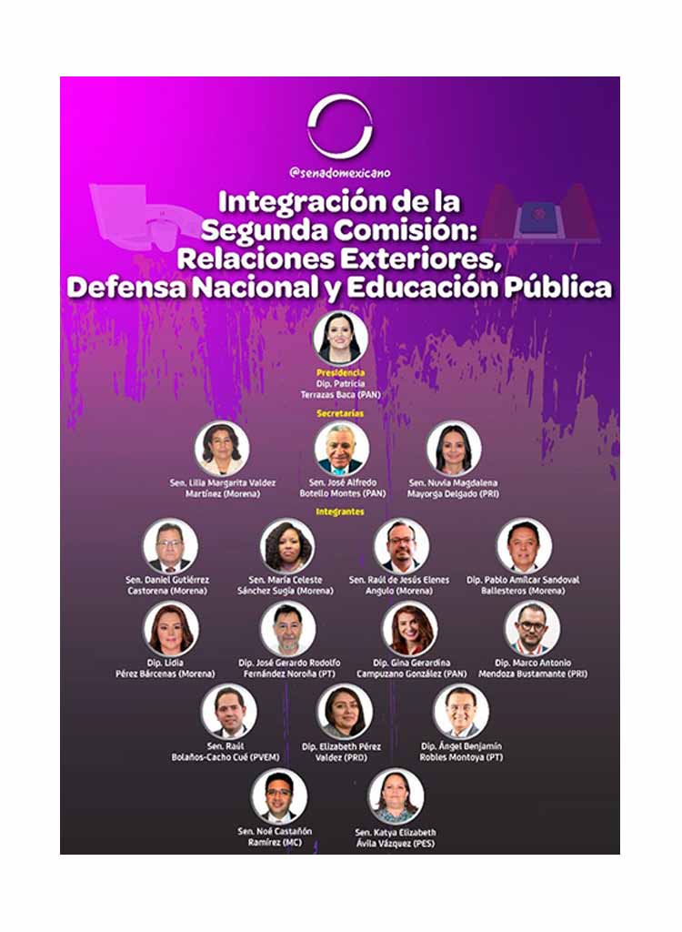 Integración de la Segunda Comisión: Relaciones Exteriores, Defensa Nacional y Educación Pública